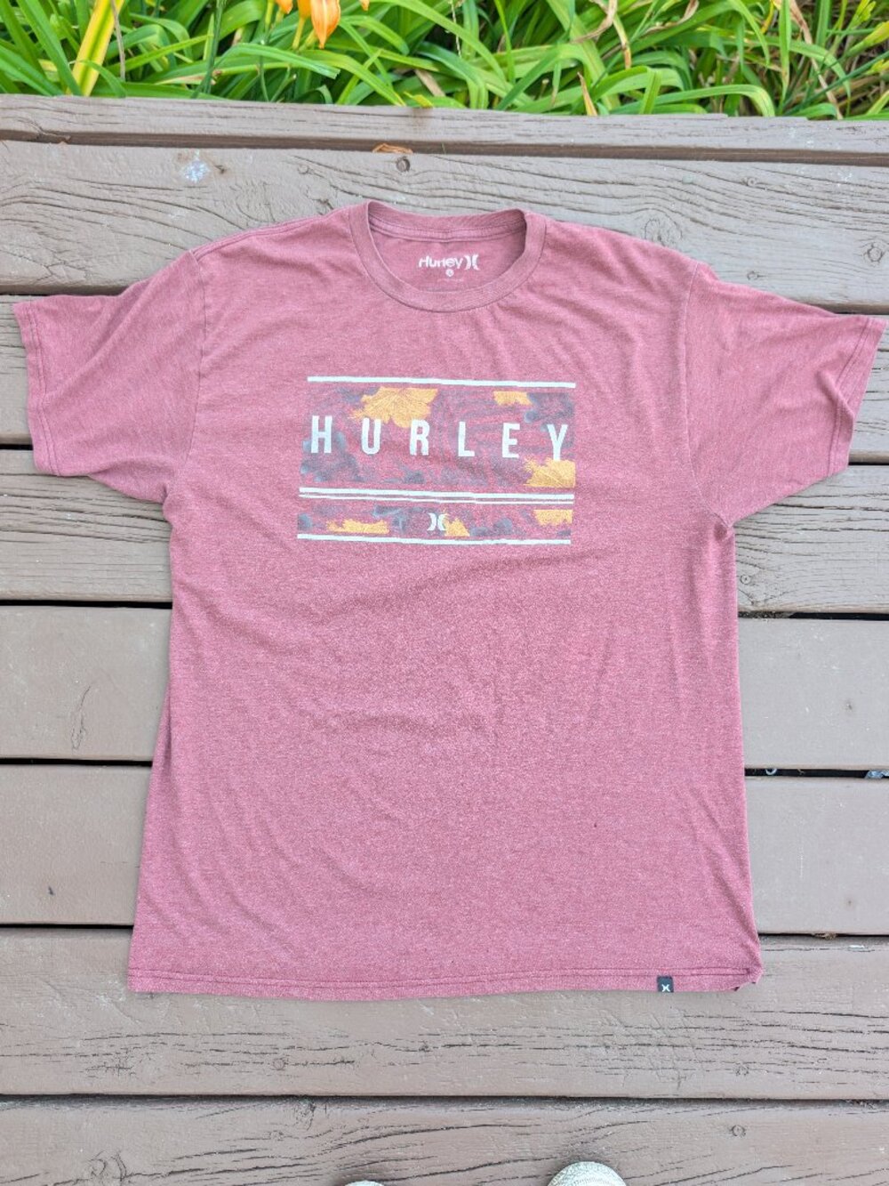 Red Heather Hurley Graphic Short-Sleeve T-Shirt Tropical Pattern Men's Size L